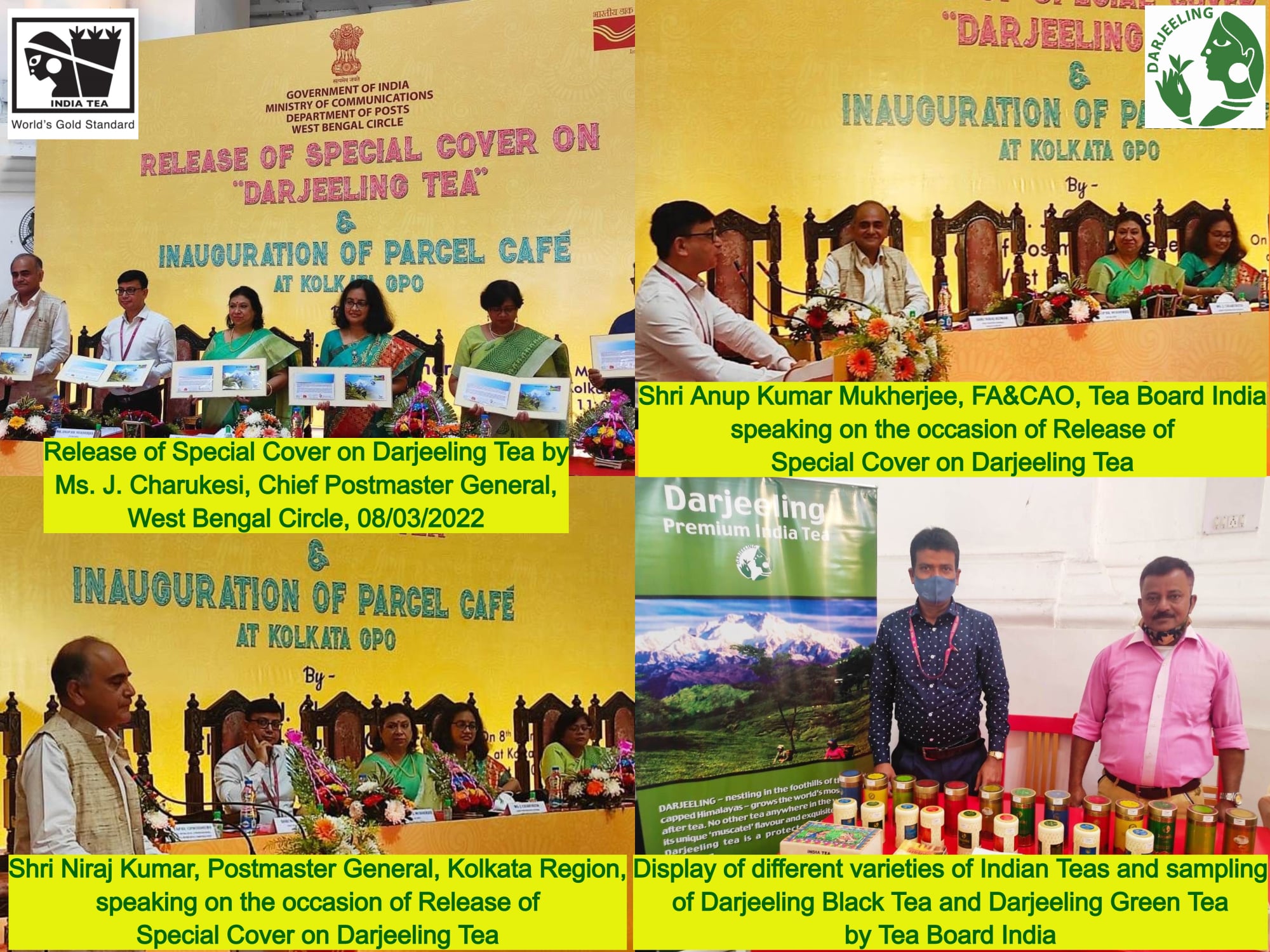 Release of Special Cover on Darjeeling Tea by Ms. J. Charukesi, Chief Postmaster General, West Bengal Circle. Shri Anup Kumar Mukherjee, FA&CAO, Tea Board India graced the occasion as 'Guest of Honour', 08-03-2022