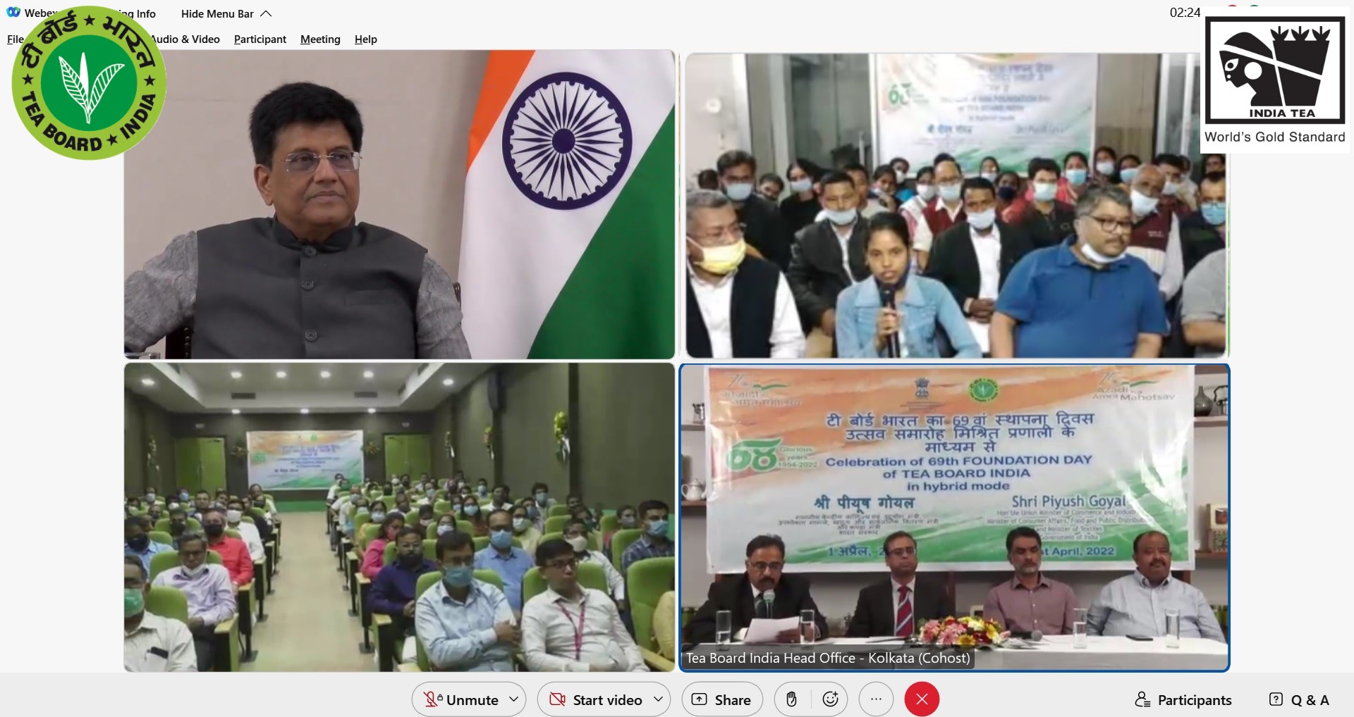 Shri Piyush Goyal, Hon'ble Minister of Commerce & Industry, Minister of Consumer Affairs, Food & Public Distribution and Minister of Textiles, Govt. of India addressing the stakeholders of the Tea Industry on the occasion of 69th Foundation Day of Tea Board India, 01/04/2022